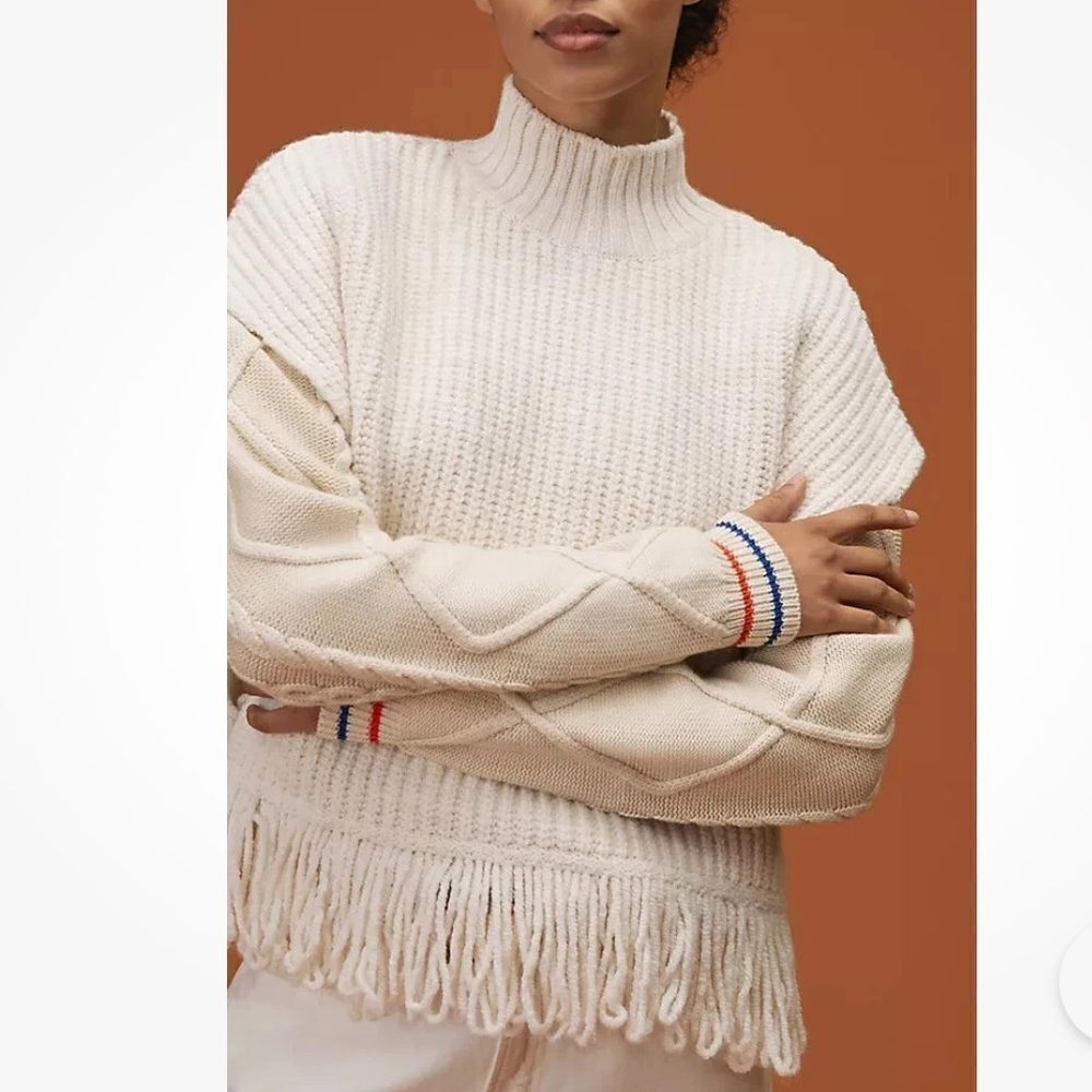 Anthropologie Fringed Mock Neck Ivory Sleeveless Sweater Vest Size Large - Picture 2 of 10